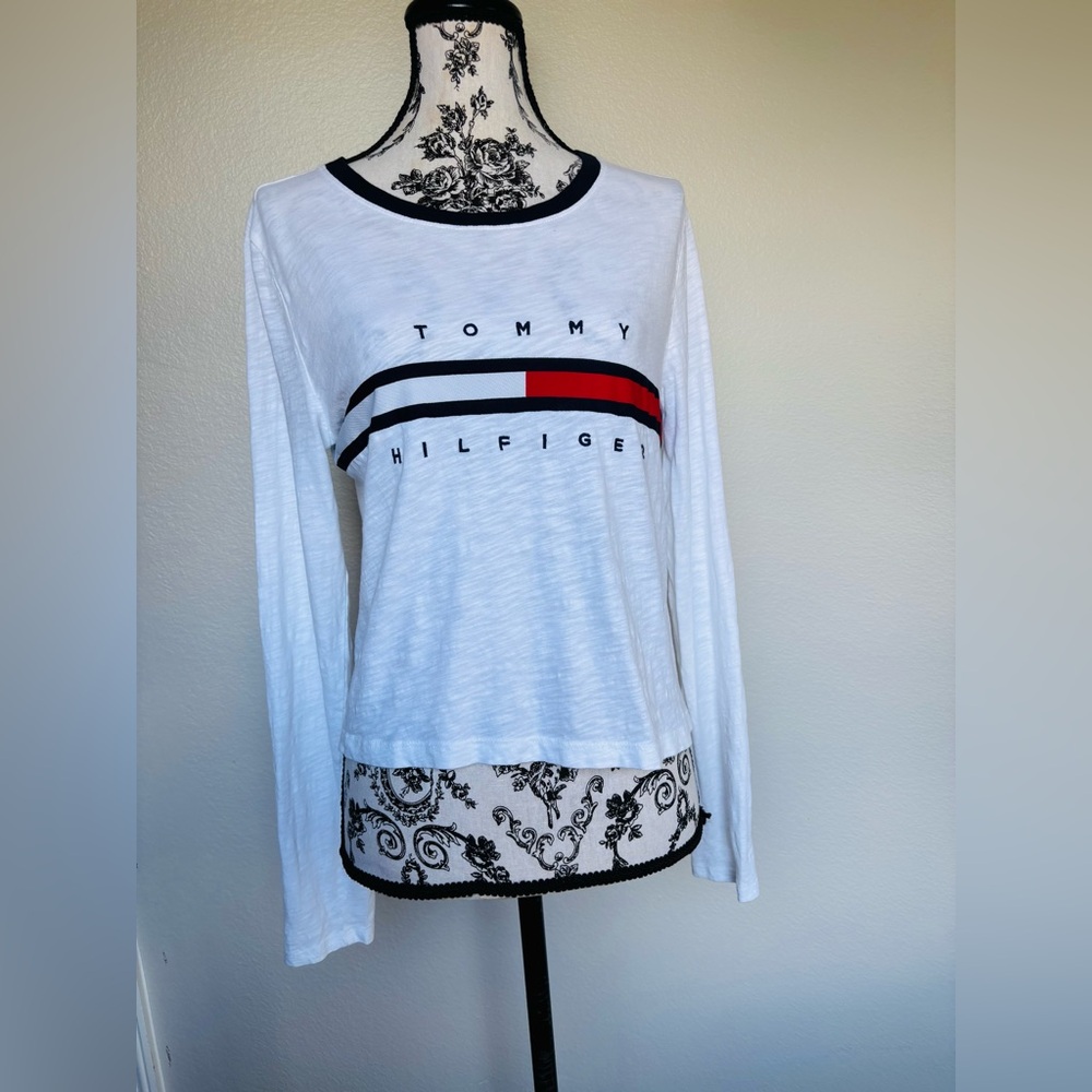 Tommy Hilfiger Women's White Long Sleeve Tee with Red and Blue Accents